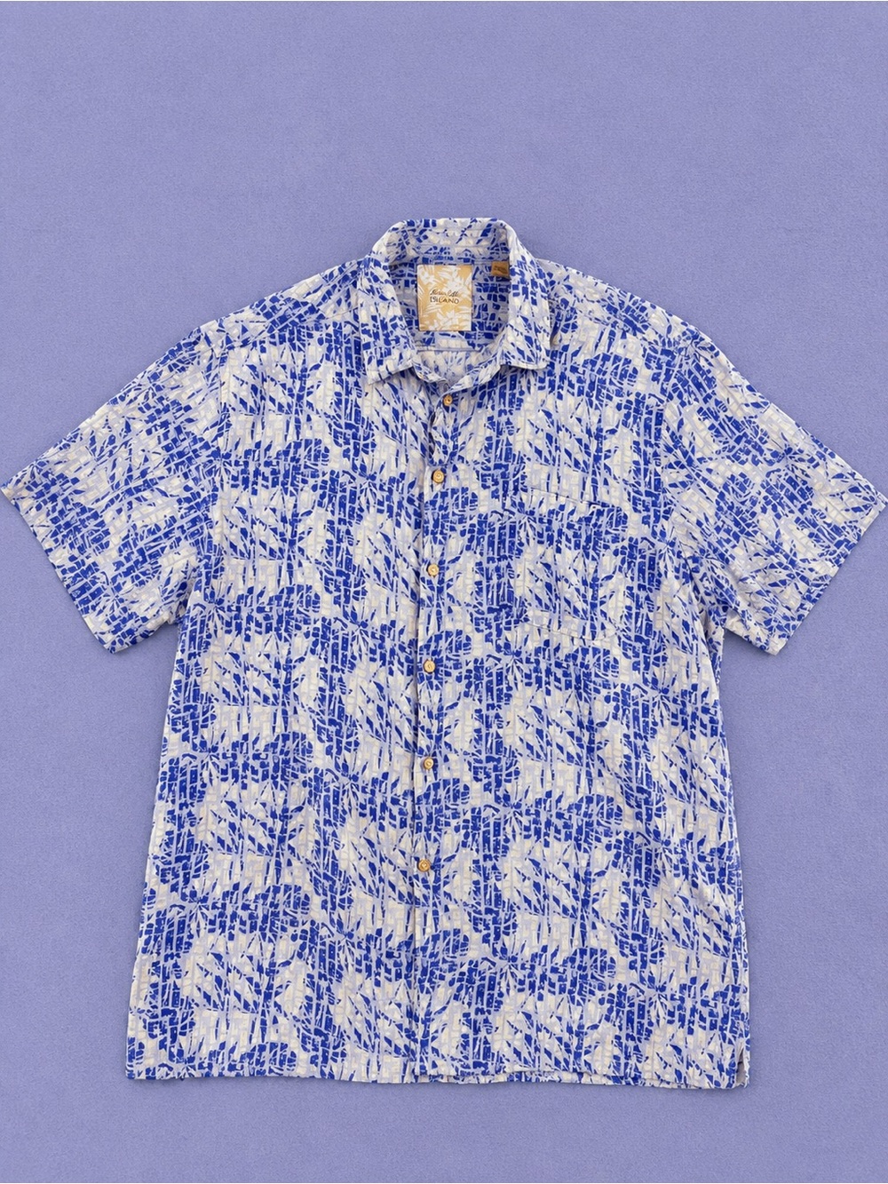Blue and White Short-Sleeve Printed Button-Up Shirt